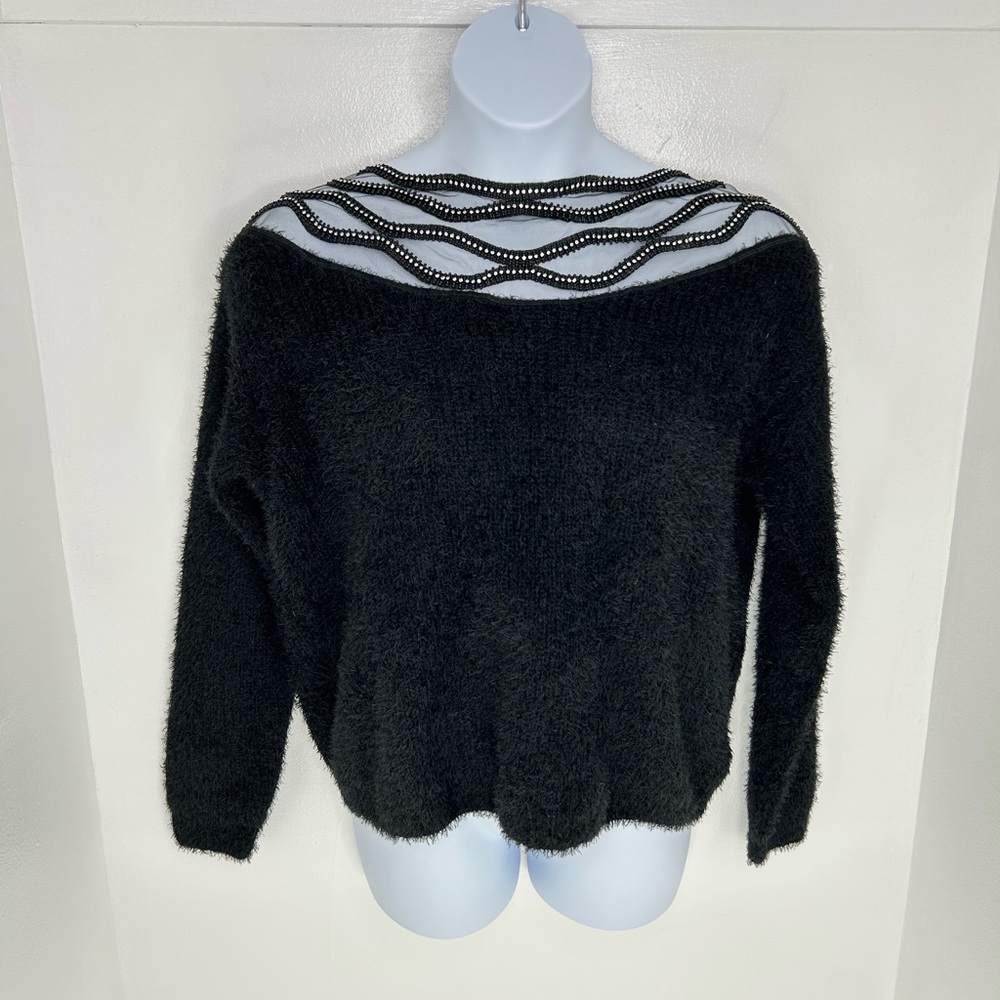 Buckle Black NWT BKE Glitz Eyelash Knit Sweater Size XL Rhinestones Fuzzy - Picture 2 of 14